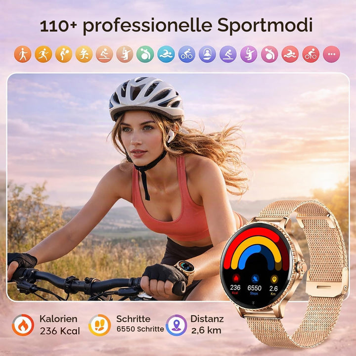 Smartwatch Damen Rund, 1,27" HD Smart Watch mit Telefonfunktion, 120+ Sportmodi, IP68 Wasserdicht Fi