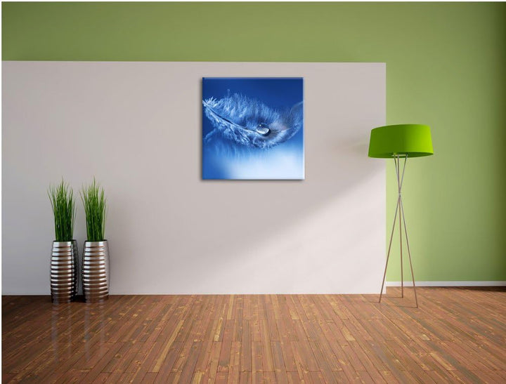 Wassertropfen auf Feder, Format: 70x70 auf Leinwand, XXL riesige Bilder fertig gerahmt mit Keilrahme