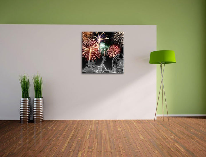 Pixxprint Silvester Feuerwerk schwarz/weiss, Format: 70x70 auf Leinwand, 70x70