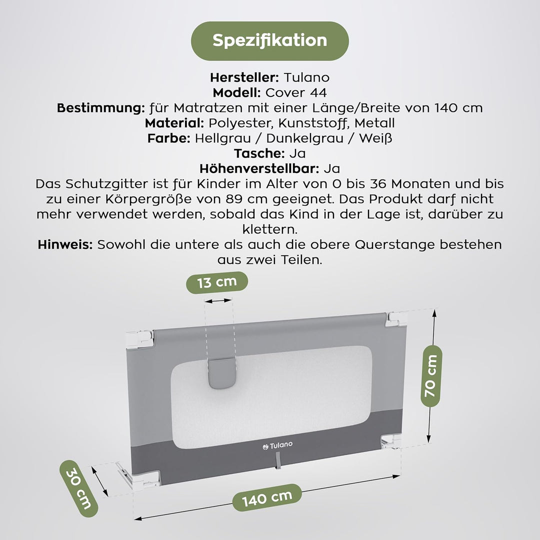 TULANO Cover 44 | Bettgitter 140 cm Bettschutzgitter Kinderbettgitter für Kinder | Klappbar | Geeign