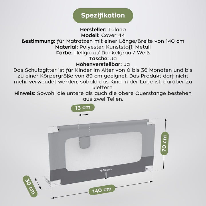 TULANO Cover 44 | Bettgitter 140 cm Bettschutzgitter Kinderbettgitter für Kinder | Klappbar | Geeign