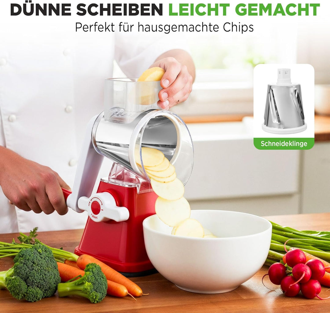 NutriChef 3-in-1 Käsereibe - mit Handkurbel – Kompakte Trommelreibe für Gemüse & Käse – 3 Schneidetr