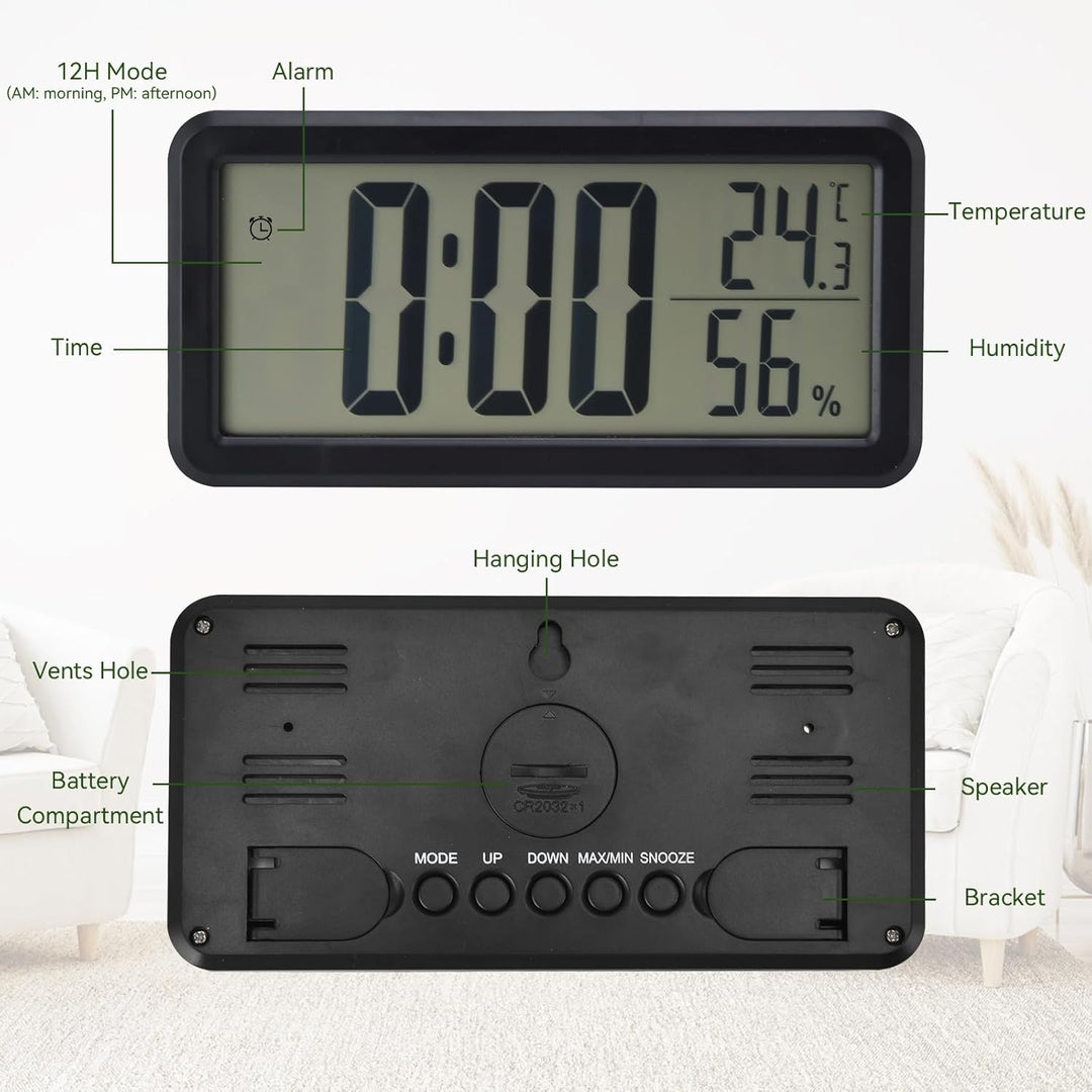 plplaaoo grosse Display-Uhr, Digitaler Wecker, schwarz, Temperatur, Luftfeuchtigkeit, tragbarer Reis