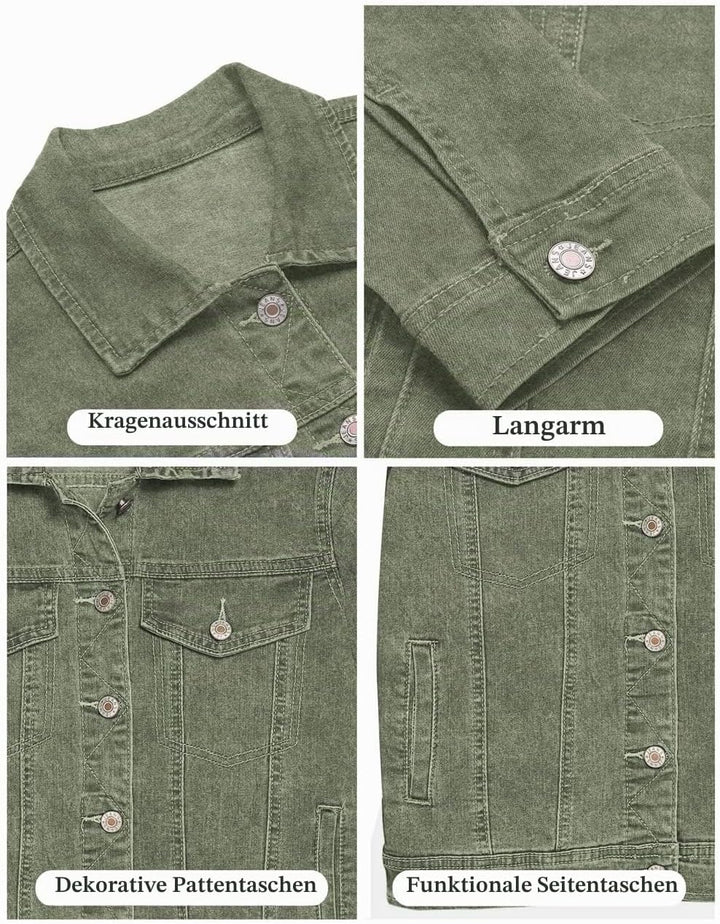 Roskiky Jeansjacken Damen Jean Stretchy Langarm Trucker Jacke mit Tasche