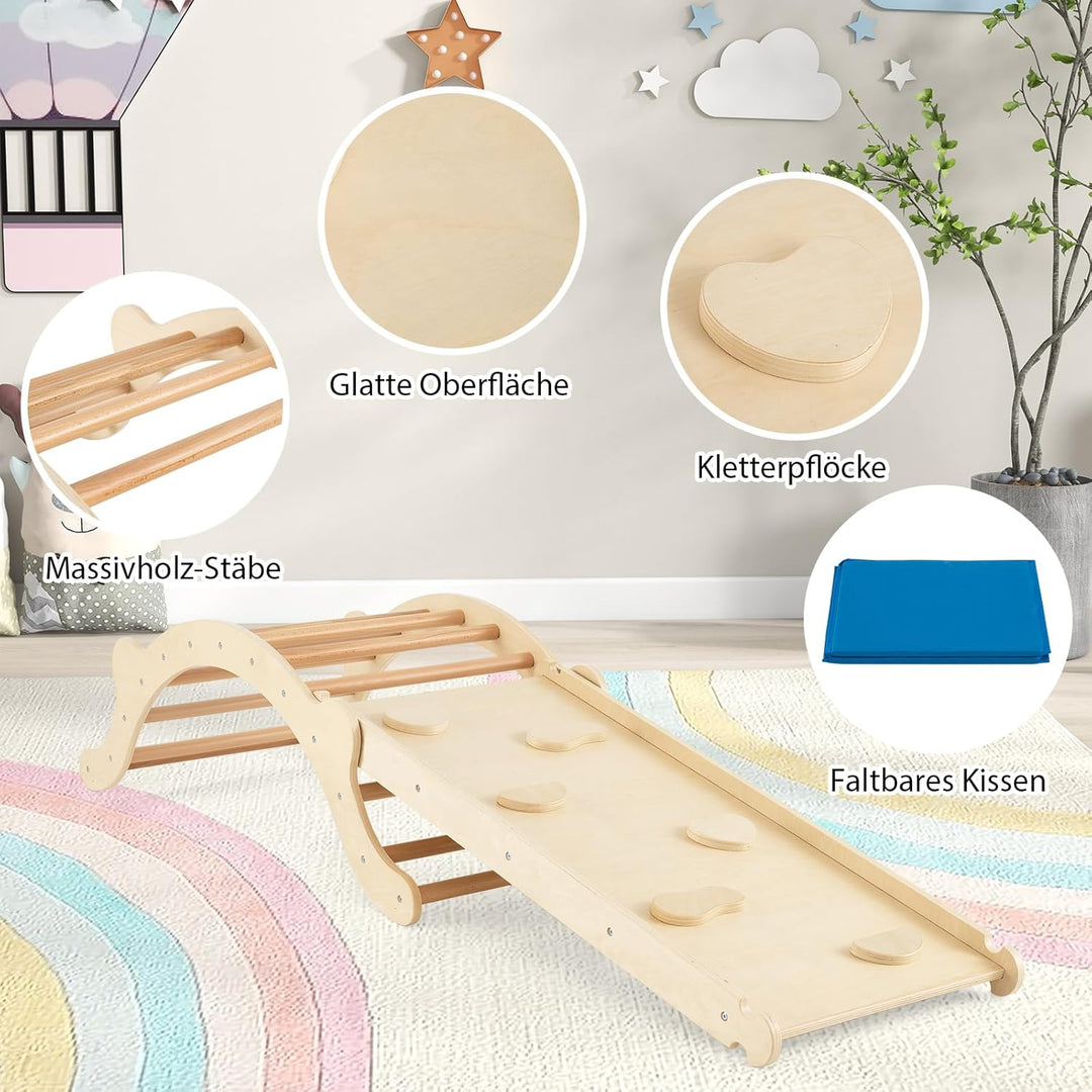 COSTWAY Kletterbogen mit Kissen, Kletterdreieck mit Rutsche Holz, 3 in 1 Klettergerüst Indoor zum Ru
