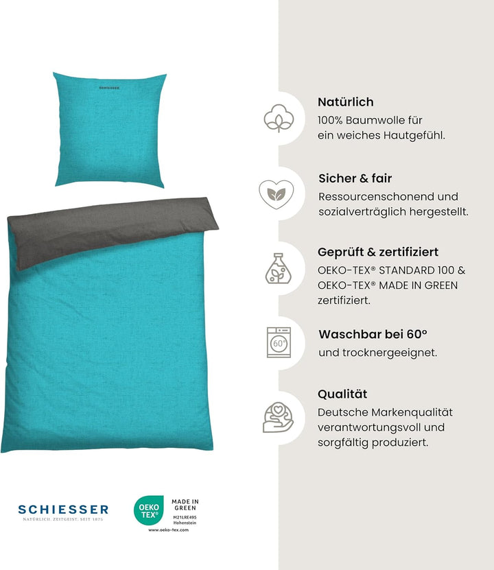 Schiesser Wendebettwäsche Doubleface Türkis-Anthrazit, 100% Baumwolle, Grösse:135 x 200 cm + 80 x 80