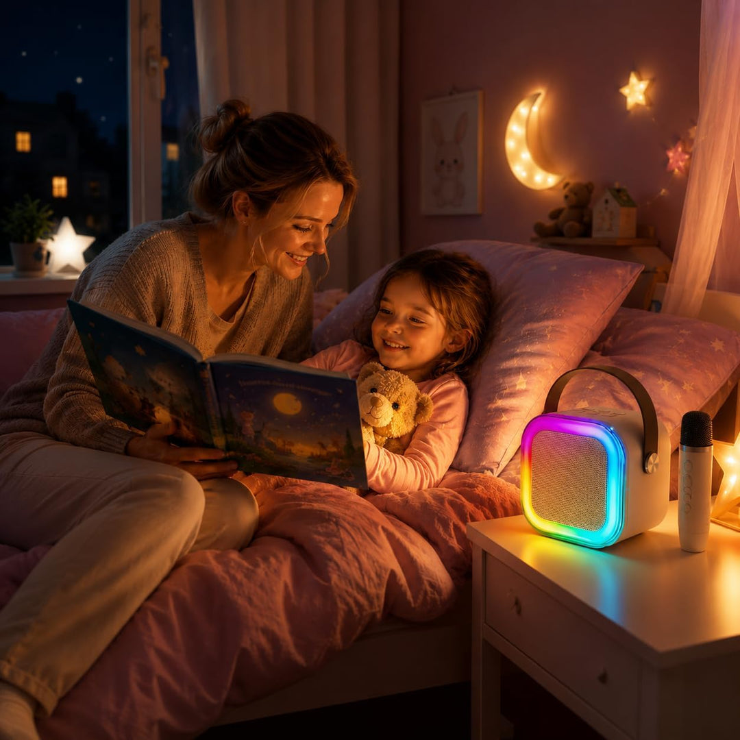 Bluetooth Karaoke Maschine mit 2 Mikrofonen & Lichtshow - 8W Tragbarer Lautsprecher, 5 Stimmeneffekt