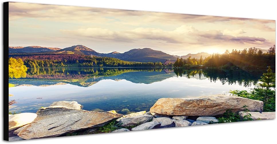Paul Sinus Art Panoramabild auf Leinwand und Keilrahmen 120x40cm Slowakei See Berge Gras Steine Wolk