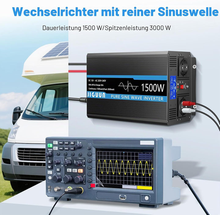 JIGUUN 1500W 3000W Wechselrichter Reiner Sinus Spannungswandler 12V 230V Mit 30A-Ladegerät und Netzv