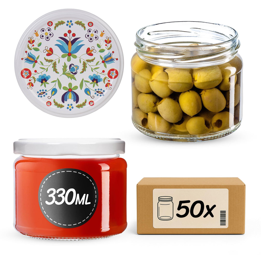 KADAX 50er Set Marmeladengläser 330ml TO82 Flowers, Pack of 50, Einmachgläser Vorratsgläser Mason Ja