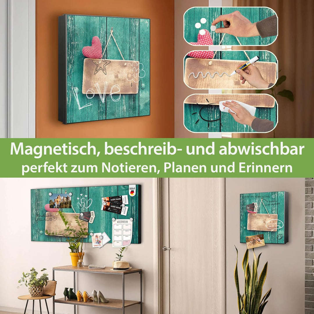 banjado® Grosser Schlüsselkasten Glas/Schlüsselbox 30cm x 30cm mit 50 Haken - Motiv Tür mit Herz/Sch