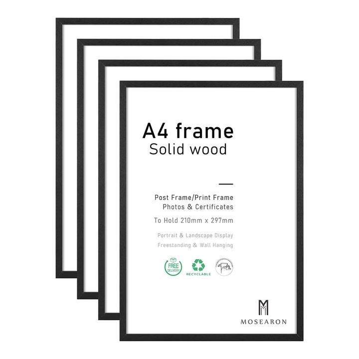 A4 Holz Fotorahmen,4 Pack-21x30cm Schwarz Holz Bilderrahmen,Zertifikat Rahmen für Wandmontage oder T