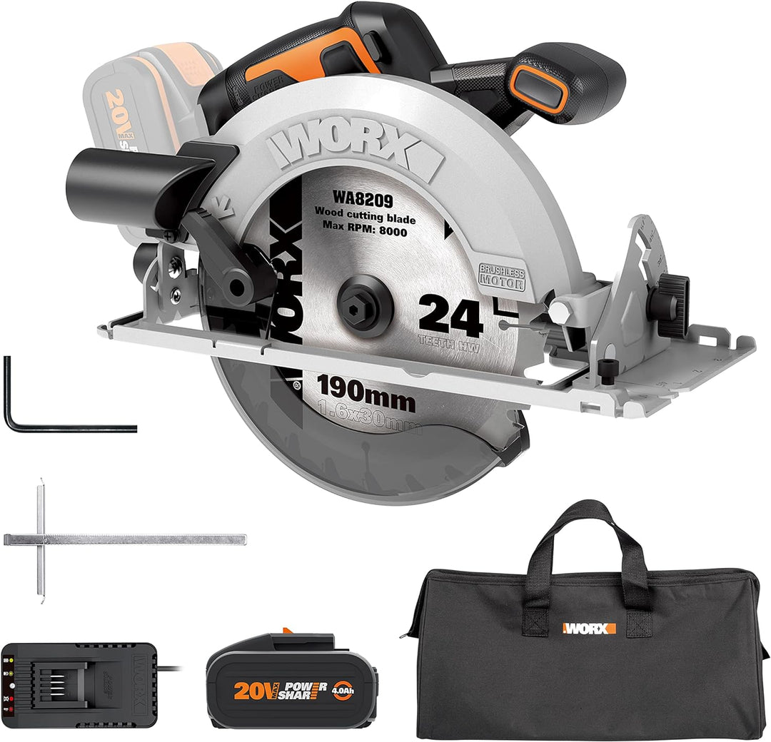 WORX NITRO WX520 Akku-Kreissäge – 190mm Schneideblatt – leistungsstarke bürstenloser Motor – 6100 U/