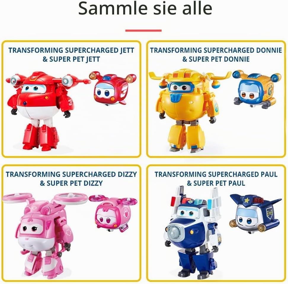 Super Wings Transforming Flugzeug Supercharged und Super Pet Jett, Spielzeug für Kinder ab 3 Jahren,
