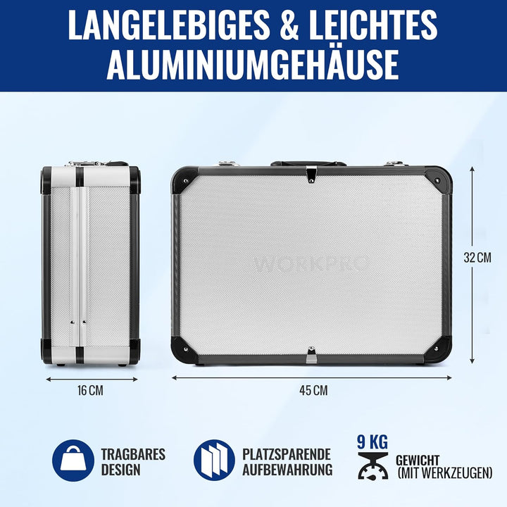 WORKPRO Werkzeugkoffer gefüllt Aluminum Haushalt Werkzeugkiste, Steckschlüssel-Satz Gabelschlüssel U