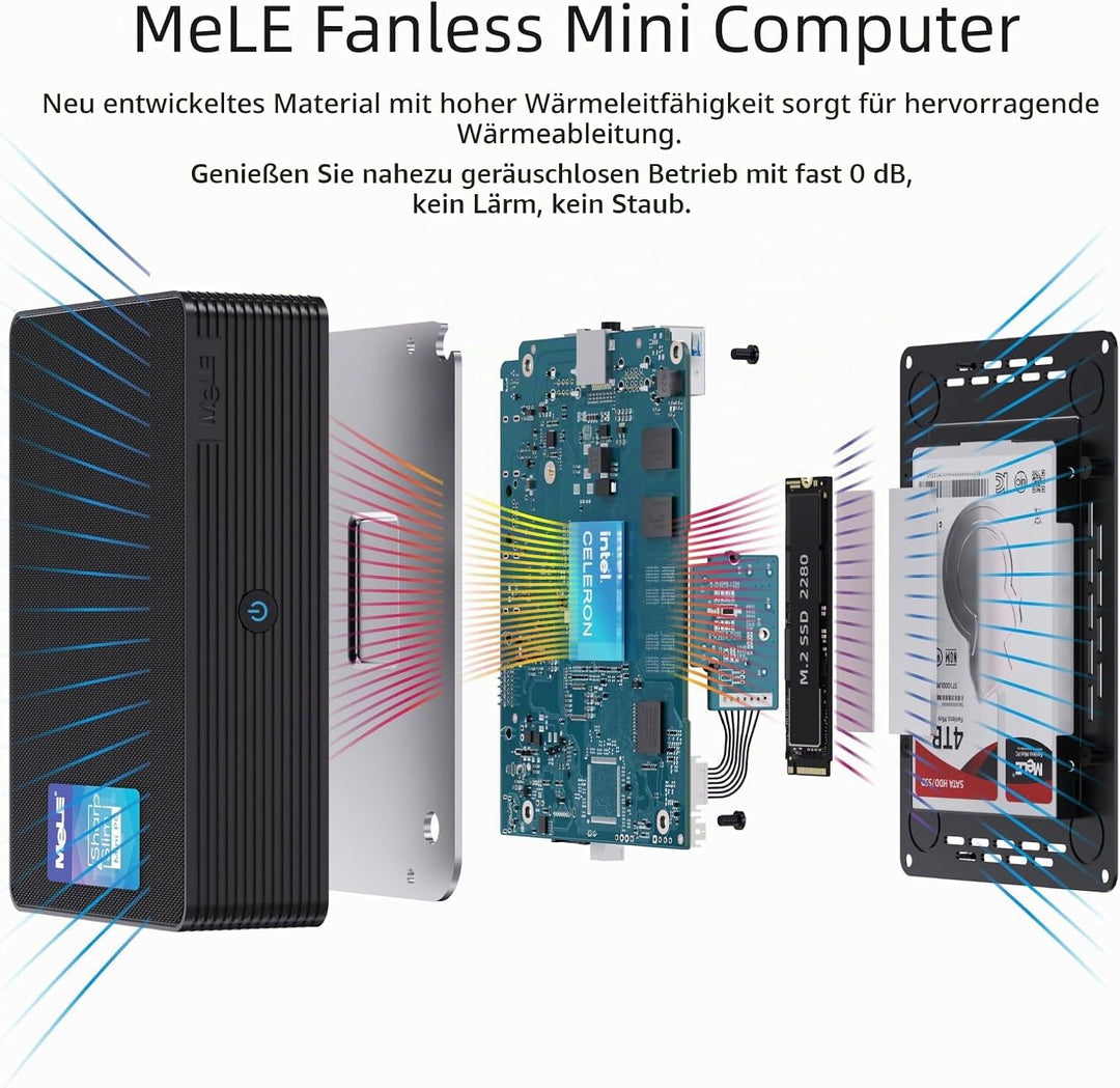 MeLE Mini PC, QuieterHD3 Celeron N5105 16GB 512GB Windows 11 Pro Mikrocomputer, Lüfterloser Kleiner