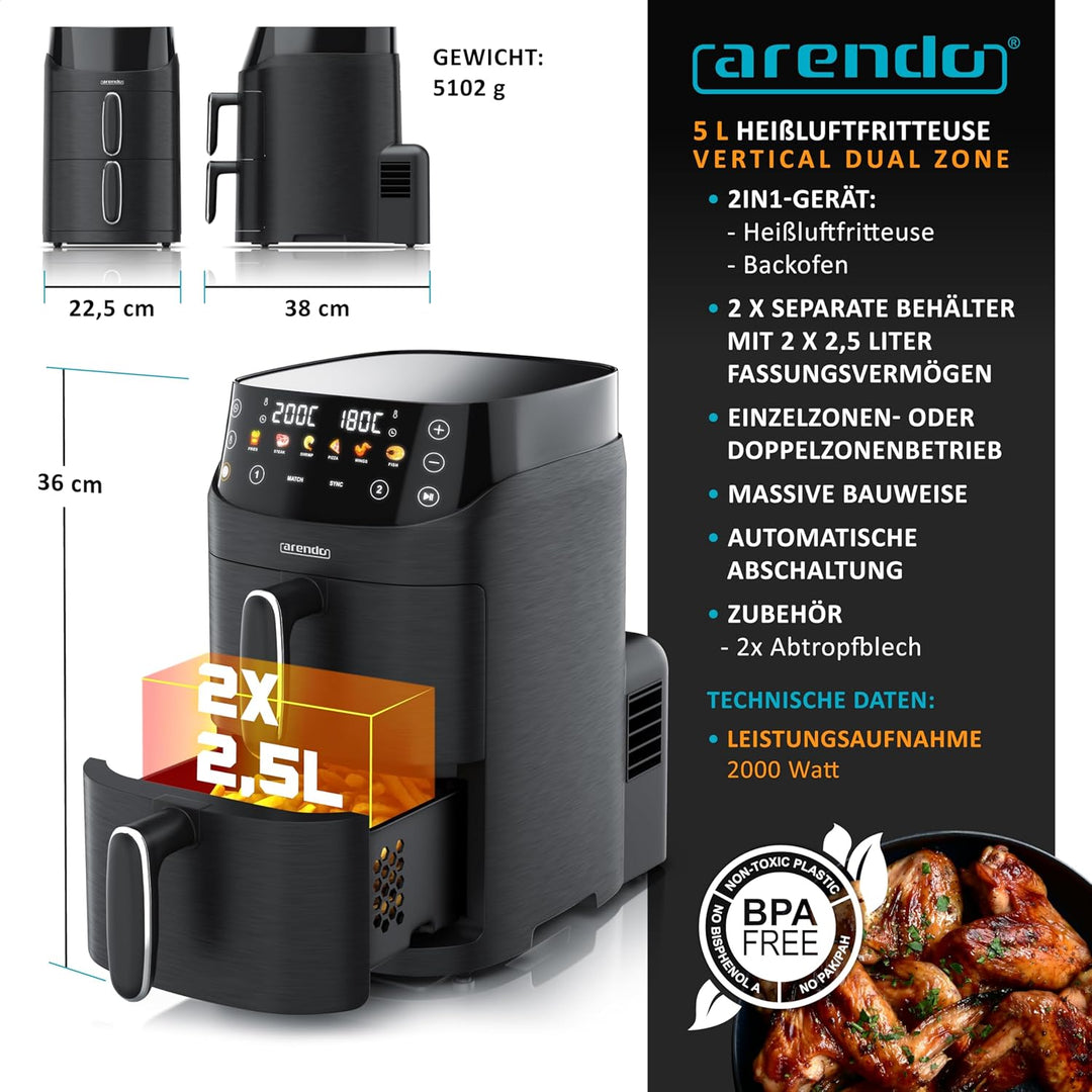 Arendo - Mini Heissluftfritteuse 2 Kammern - 5 Liter Doppelstock – 2000 Watt – 2 Frittierbehälter in