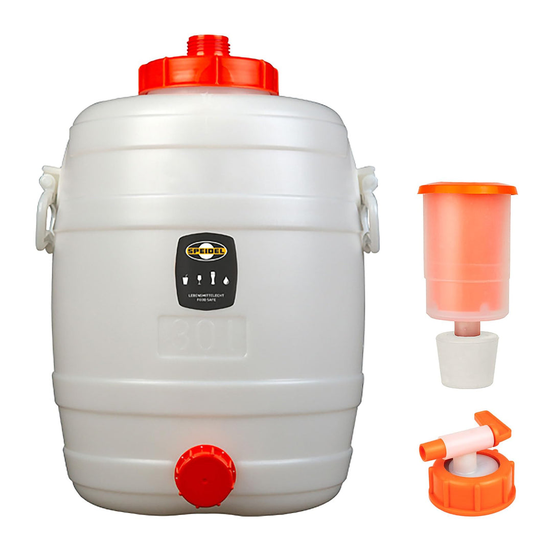 Mostfass 30 Liter mit Auslaufhahn NW 10 und Gärspund, Gärfass (30 L rund) für Most, Wein, Cider, Säf