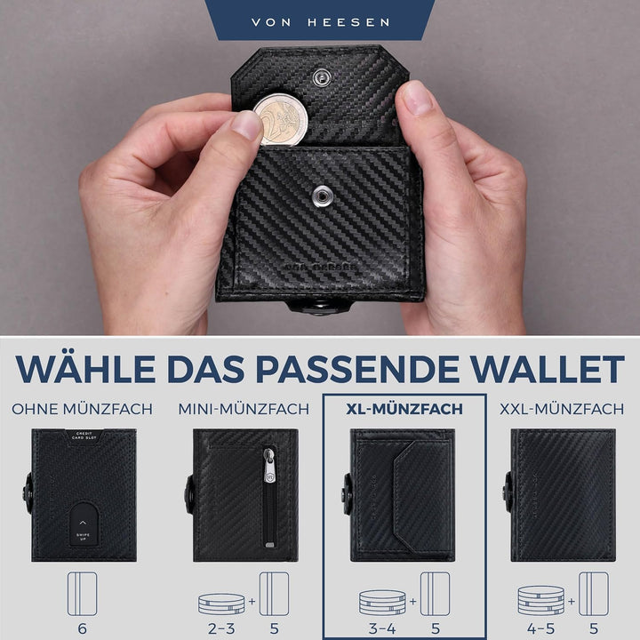 VON HEESEN Slim Wallet mit XL Münzfach & RFID-Schutz - Leder Geldbeutel - Mini Geldbörse für Herren