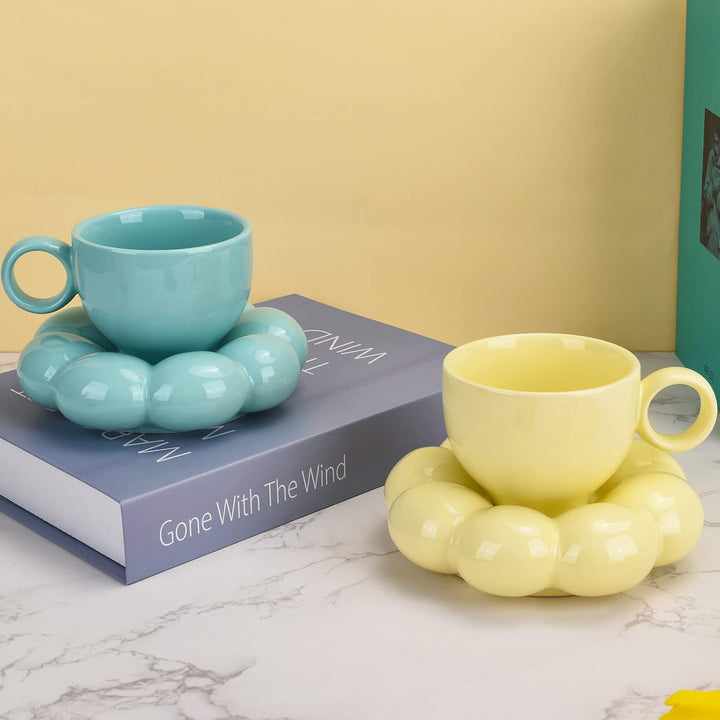 Koythin Keramik-Kaffeetasse, kreative niedliche Tasse mit Sonnenblumen-Untersetzer für Büro und Zuha