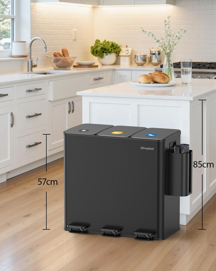 lovewind Mülleimer, 3 x 20L Recyclingeimer, 3-Fach-Mülleimer für Recycling und Abfall, inklusive Mül