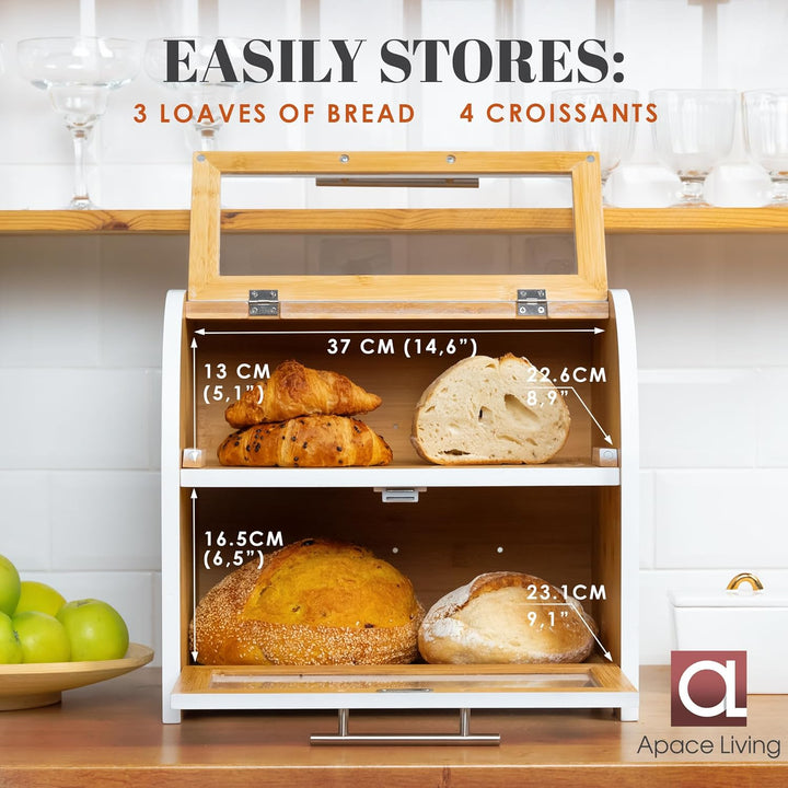 Apace Living Arise Bambus Brotkasten mit Belüftung, Grosser Brotaufbewahrungsbehälter, 2 Regale und