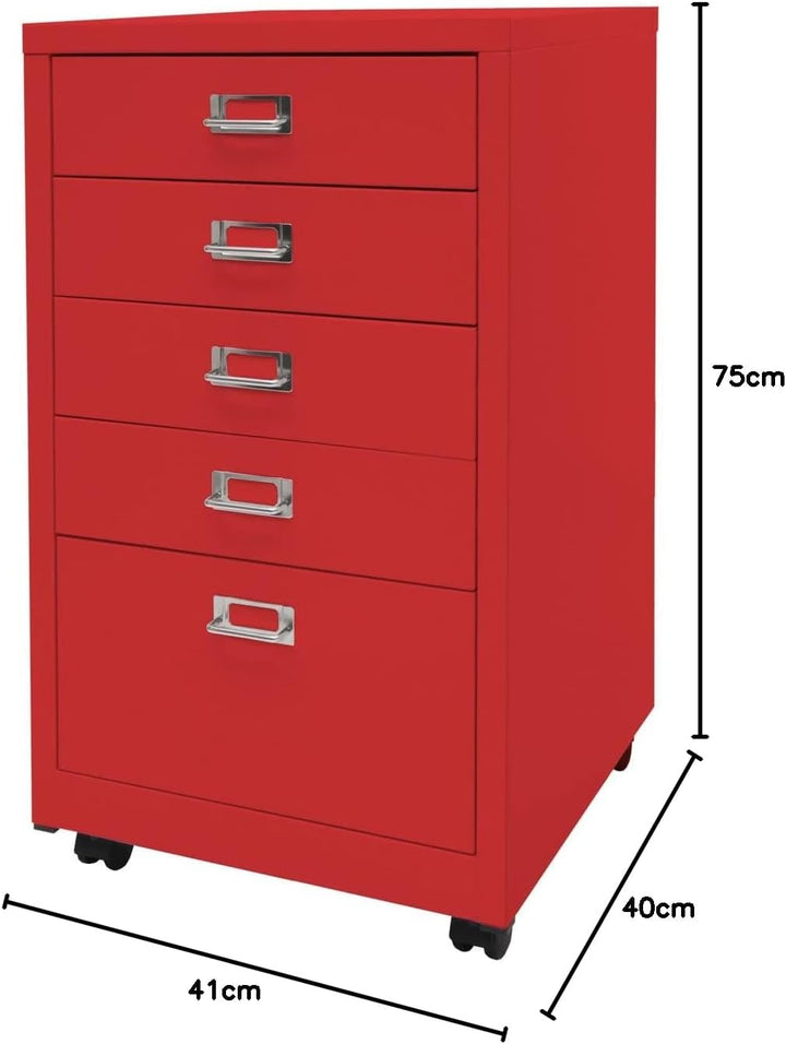 PROREGAL Rollcontainer HxBxT 75x40x41cm Metall 5 Schubladen Rot Schubladenschrank Stahlschrank Akten