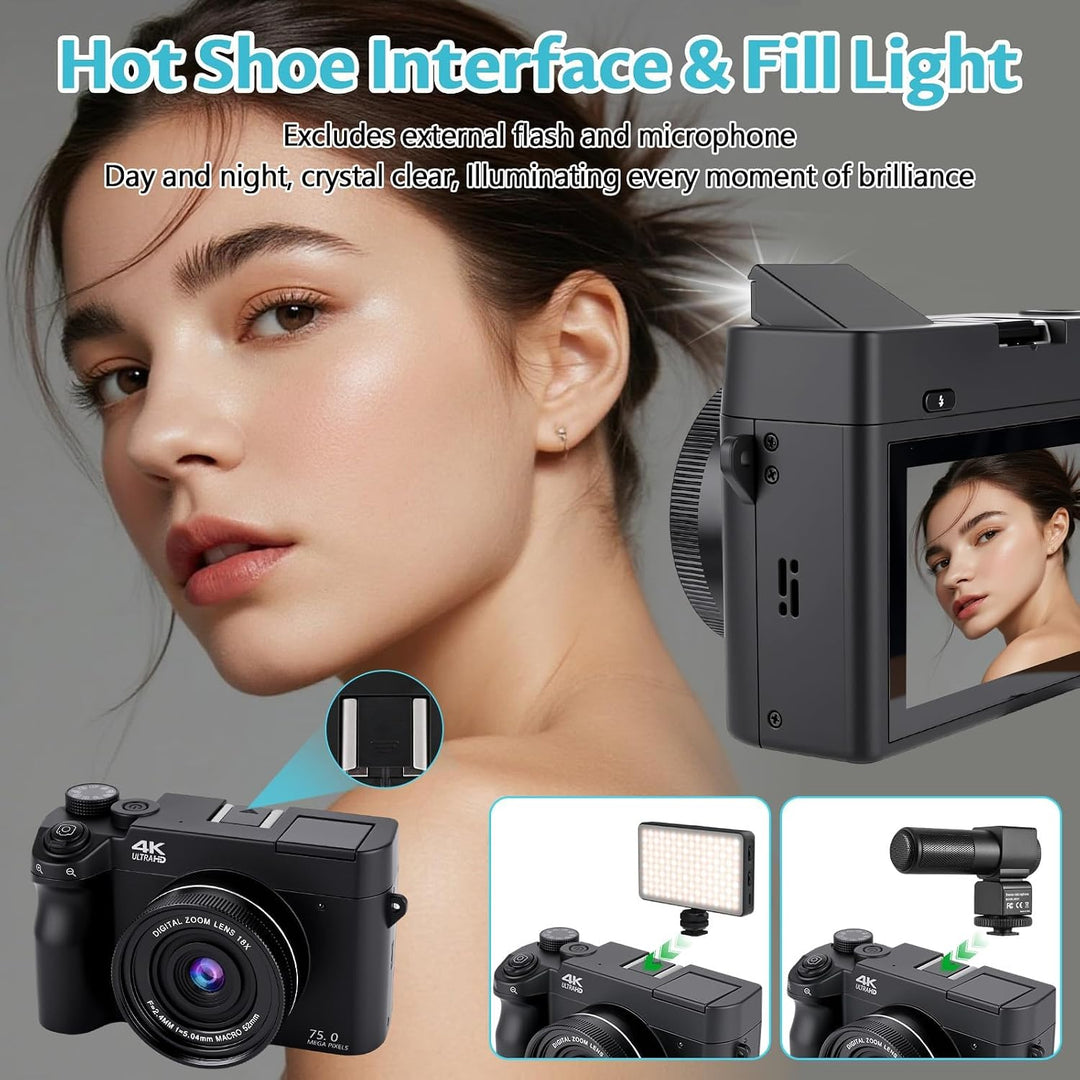 4K 75MP Digitalkamera mit WLAN, 3 Zoll LCD-Bildschirm Fotokamera mit 18X Zoom, Front und Rückobjekti