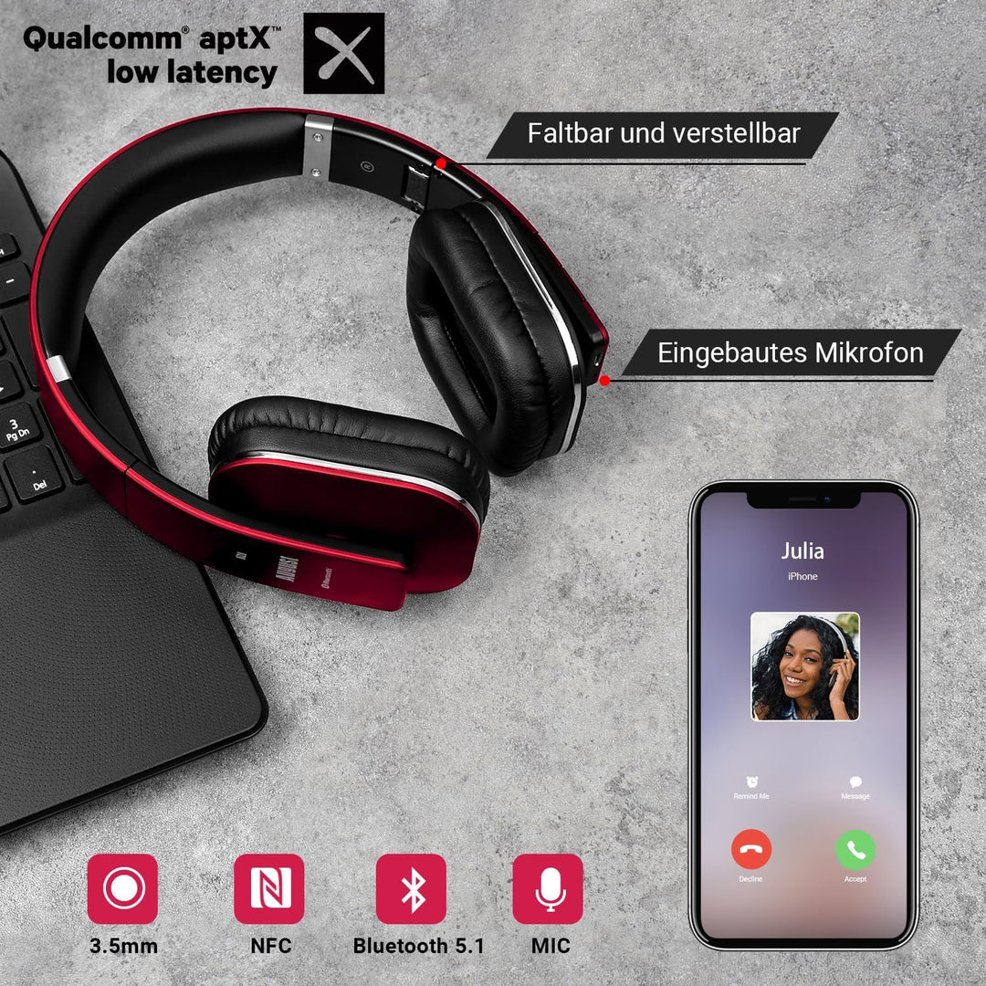 August EP650 - Bluetooth Kopfhörer v4.2 NFC mit aptX Low Latency - Stereo Over Ear Headphones mit Au