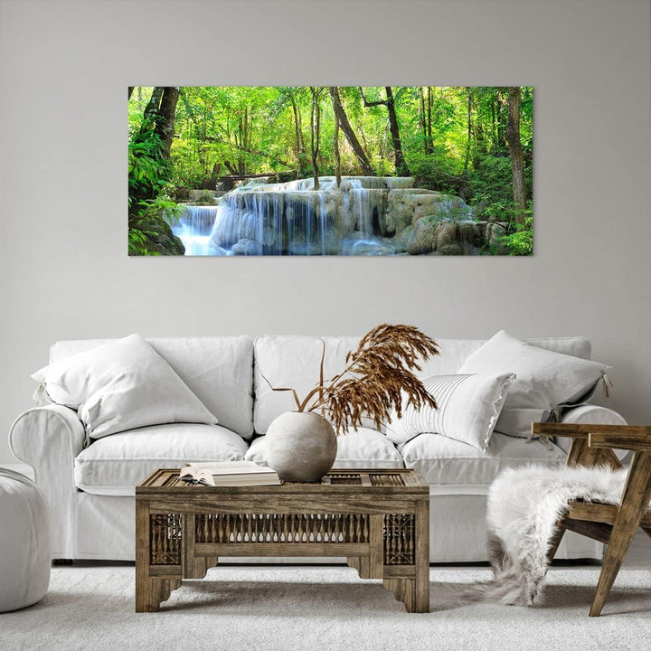 Wandbilder Dekoration Wohnzimmer Wasserfall Wald Umwelt Panorama Bilder auf Leinwand 120x50cm Leinwa