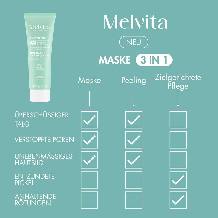 Melvita - 3-in-1 Peeling-Maske - Nectar Pur - Mischhaut bis fettige Haut - "Tonerde-ähnliche" Textur