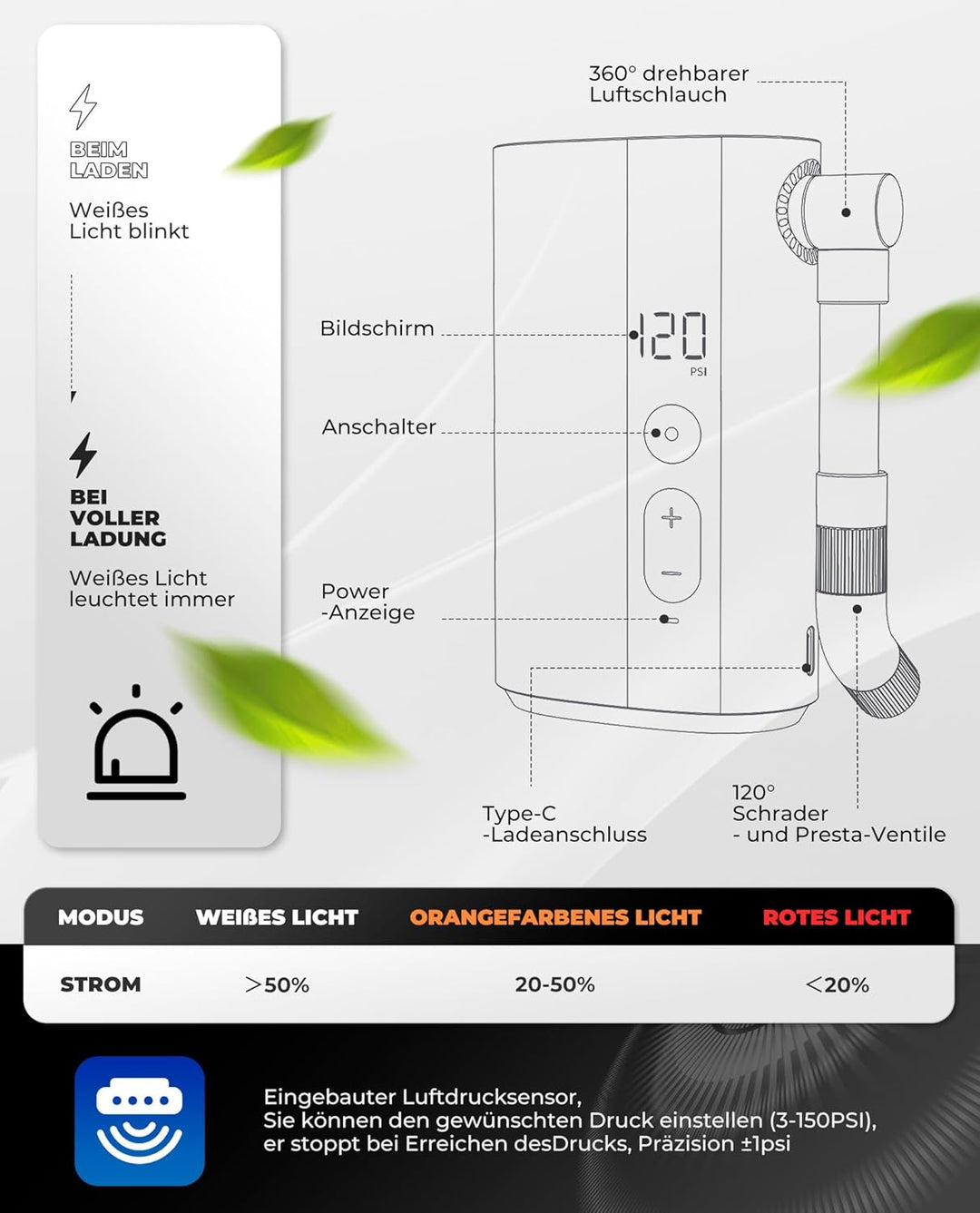 ROCKBROS Fahrradpumpe Mini Elektrische Akku Luftpumpe 5000mAh, 150PSI mit LCD-Bildschirm LED Druckse