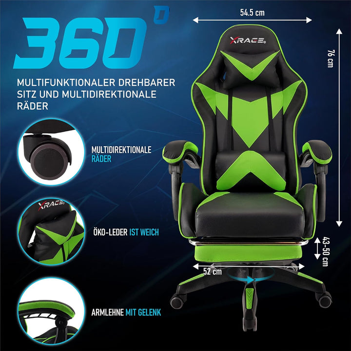 xRace Gaming-Stuhl Hoher Drehstuhl aus Leder mit Lendenwirbelstütze, Kopfstütze und Fussstütze, vers