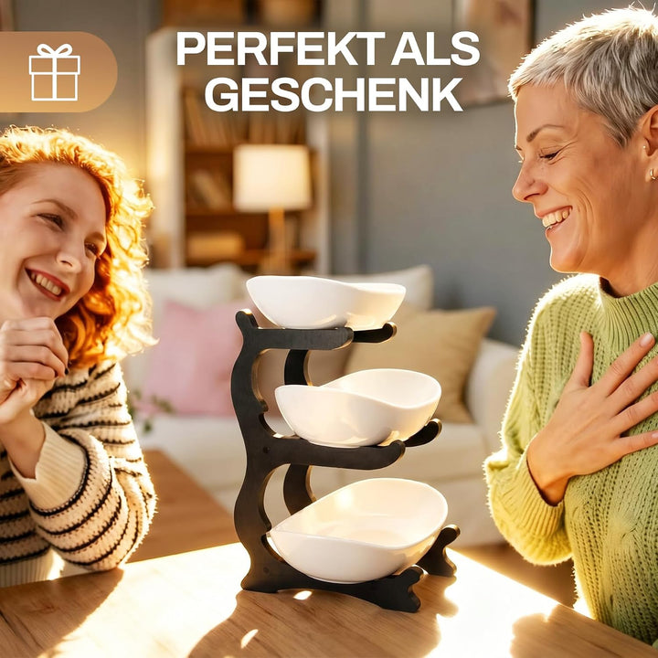 Obstetagere 3 Etagen aus Keramik | Moderner Obstkorb mit schwarzem Holzrahmen, Ø 30 cm Basis | Stilv