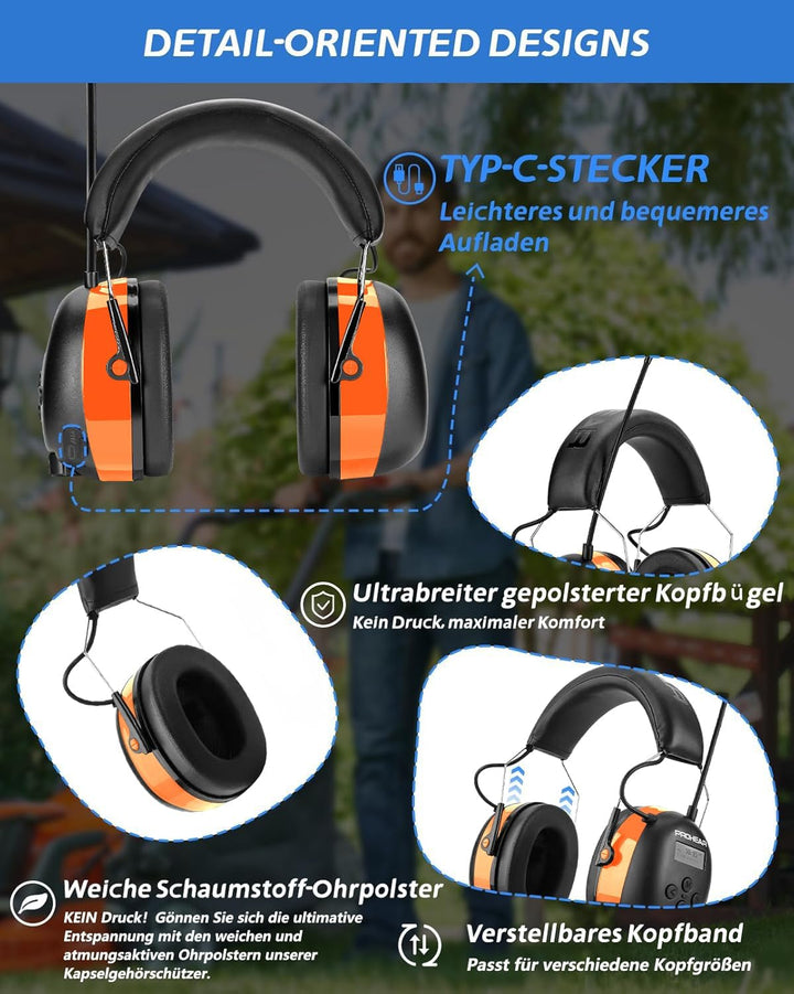 PROHEAR 033 Gehörschutz mit Radio, SNR31dB - Ohrenschützer mit Bluetooth FM/AM, Eingebautem Mikrofon