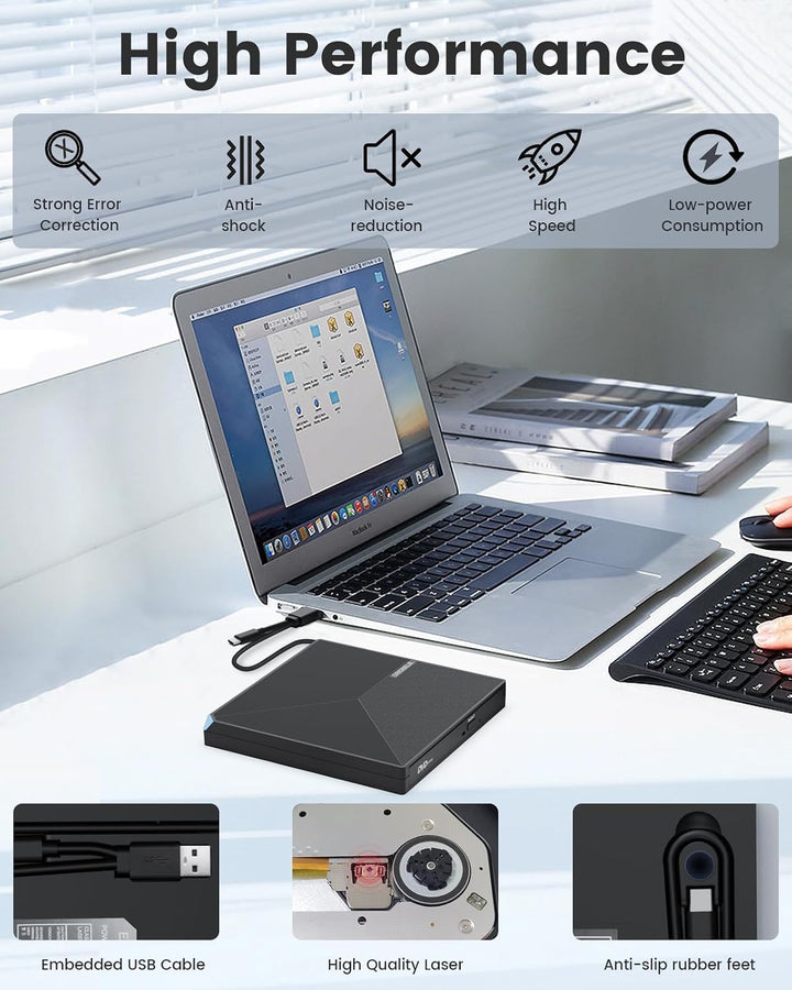 ORIGBELIE Externes DVD Laufwerk, USB 3.0 Typ C CD DVD +/-RW Externer DVD Brenner, Ultra-Slim Externe