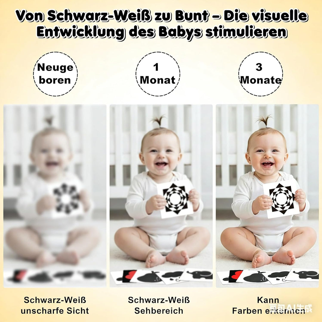 Kontrastkarten Baby - Montessori Baby Spielzeug 0-12 Monate, Greifring, Beissring und Aufbewahrungst