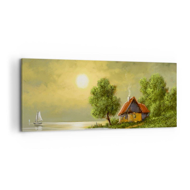 Wandbilder Dekoration Wohnzimmer Boot Wasser Hütte Panorama Bilder auf Leinwand 120x50cm Leinwandbil