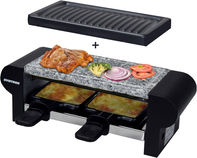 Syntrox Germany Edelstahl Design Raclette Glarus mit Grillplatte und Platte Heisser Stein für 2 Pers