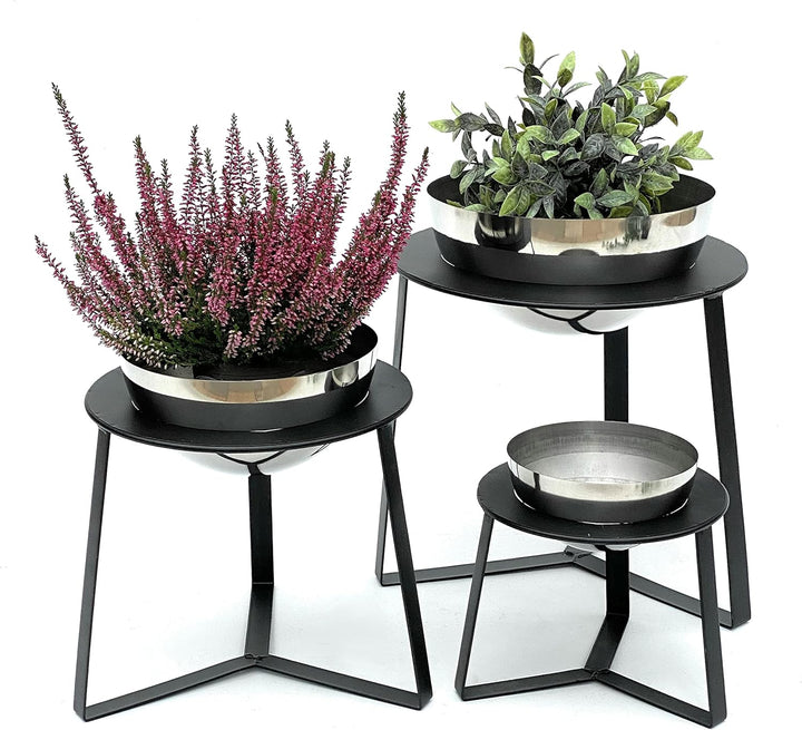 DanDiBo Blumenhocker Metall mit Topf Schwarz Silber Blumenständer 96091 3er Set Blumensäule Modern P