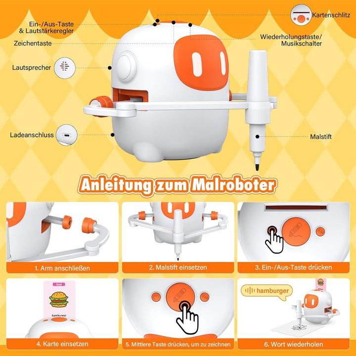 Roboter Kinder, Zeichenroboter für Kinder mit Sprachfunktion - 100 Karten und Stiften für Kinder Ab