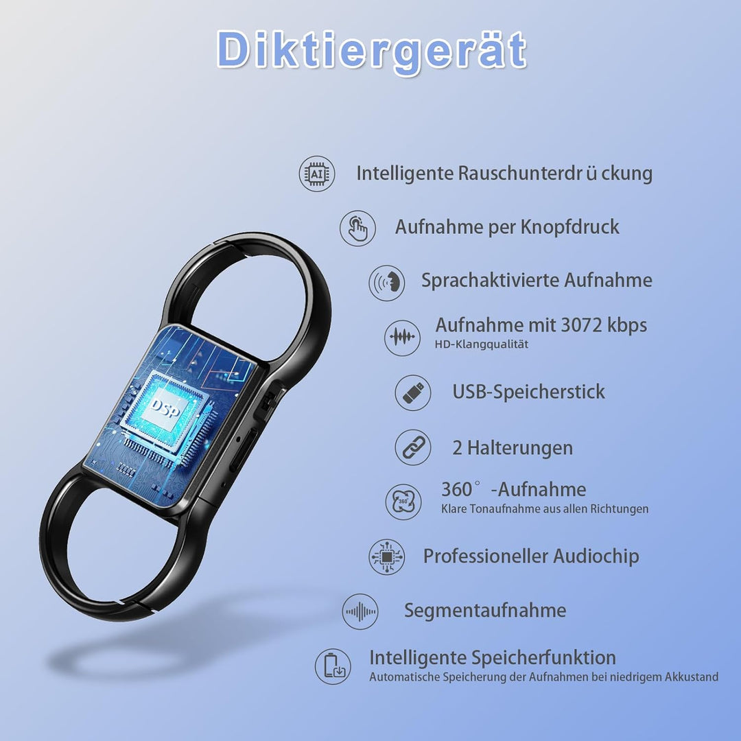 Diktiergerät 3072 Kbps Aufnahmegerät Voice Recorder Abhörgerät mit Sprachaktivierter and Geräuschunt