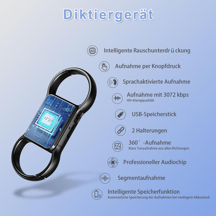 Diktiergerät 3072 Kbps Aufnahmegerät Voice Recorder Abhörgerät mit Sprachaktivierter and Geräuschunt