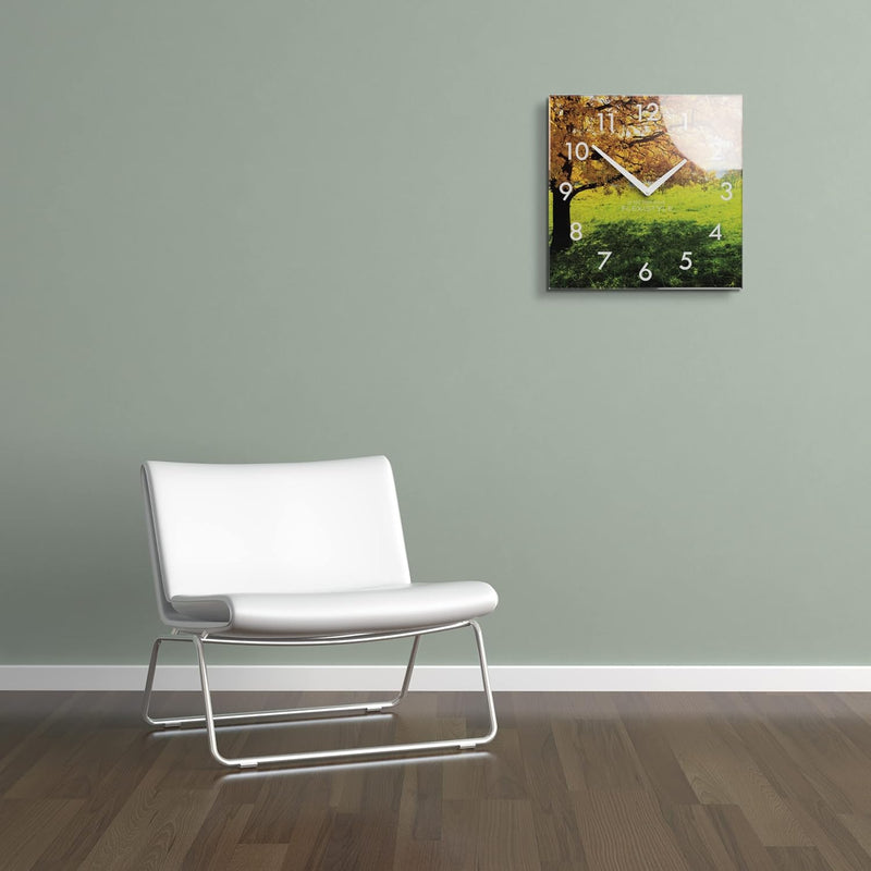 FLEXISTYLE Wanduhr küche Wohnzimmer 30 x 30 cm, aus Glas, mit Direktdruck eckig modern (HERBSTBAUM),