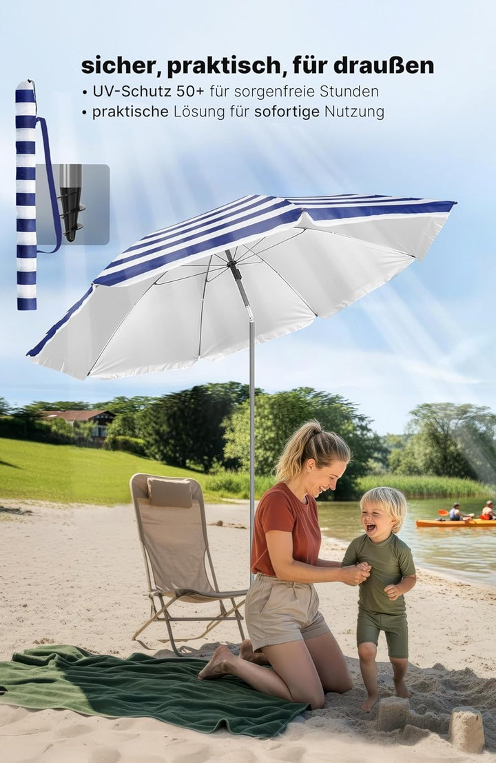 4smile Sonnenschirm Balkon Ø 160 cm SunnyJoy, Blau-Weiss - UPF 50+ Strandschirm, sicherer Sonnenschi