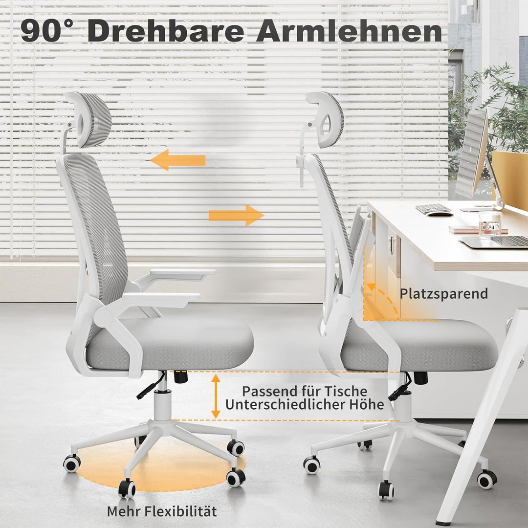 naspaluro Ergonomischer Bürostuhl, Schreibtischstuhl mit 90° Klappbaren Armlehnen, Einzigartige Lend