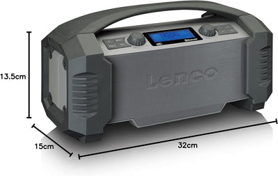 Lenco DAB+ Baustellenradio Bluetooth 5.0 FM Empfänger IP54 Wasserdicht 15 Watt RMS Akku mit 5000mAh