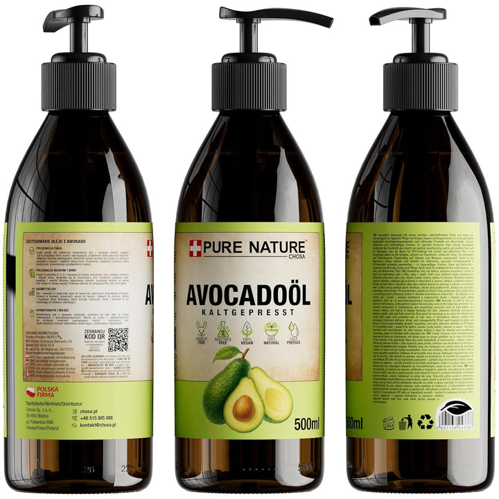 CHOSA Bio Avocadoöl Kaltgepresst Nativ 500 ml + Spender - Avocado Öl 100% Reines ohne Zusatzstoffe -