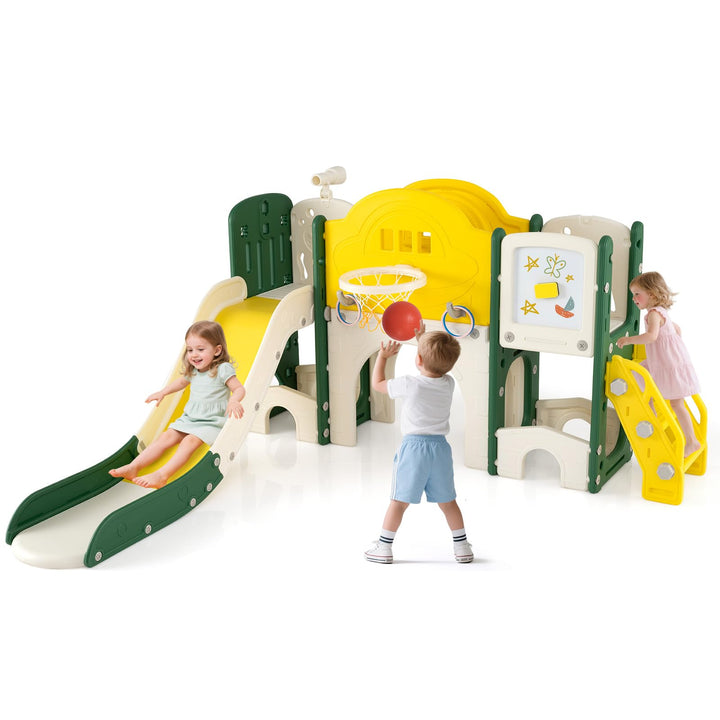 COSTWAY Kinder Rutsche faltbar, 10 in 1 Kinderrutsche mit Basketballkorb, Wurfspiel, Tafel, Tunnel,