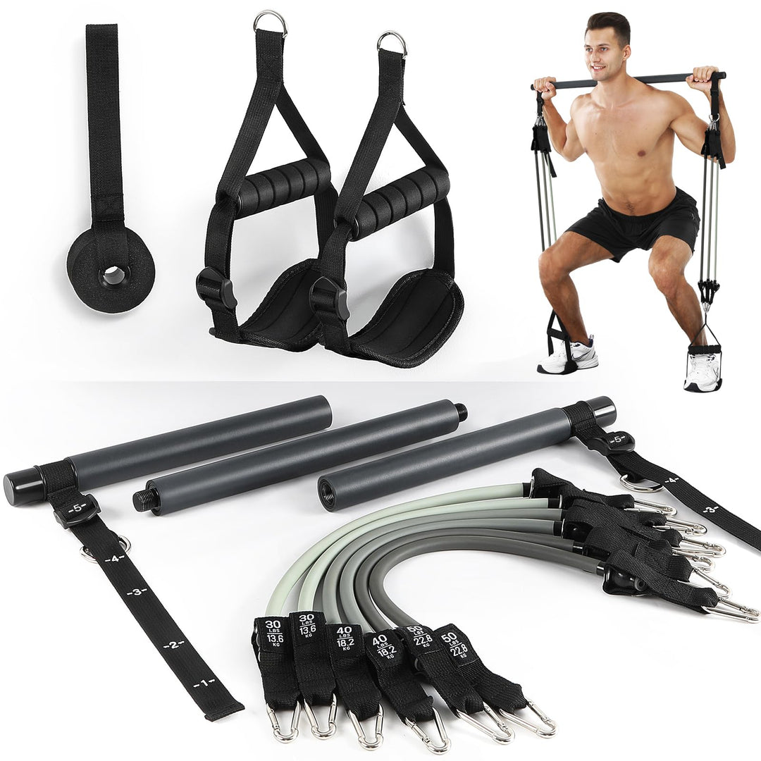 ALongSong Fitnessbänder Pilates Bar Set mit 6 Widerstandsbänder 30/40/50lbs, Ganzkörper-Trainings-Pi